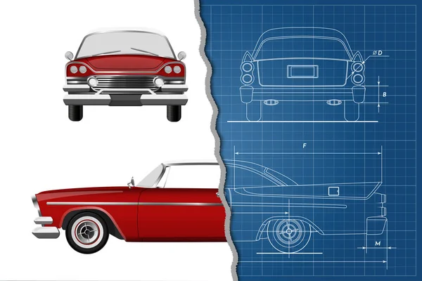 Proyecto de ingeniería del coche retro. Cabriolet vintage. Vista frontal, lateral y trasera. Dibujo industrial — Vector de stock