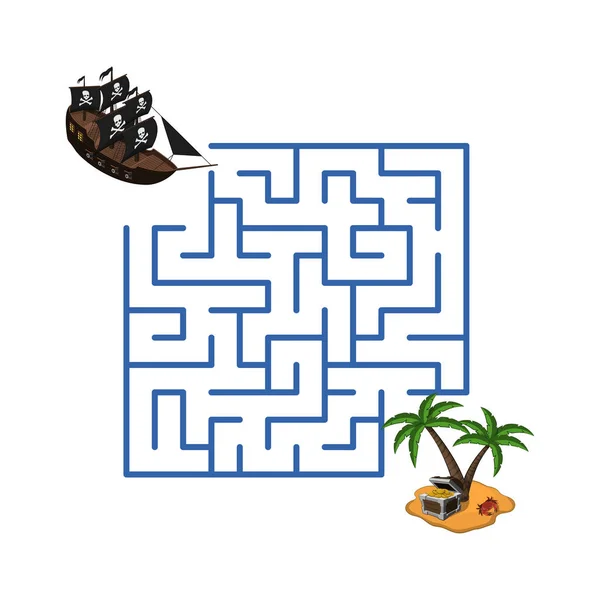 Labirinto em estilo cartoon. Navio pirata e ilha do tesouro. Labirinto infantil de jogos. Crianças quebra-cabeça — Vetor de Stock