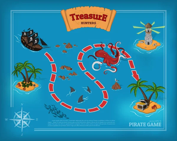 Pirat spel i tecknad stil. Seascape med en sökväg bild. Mobilt gränssnitt med ön och havet monster: haj, kraken — Stock vektor