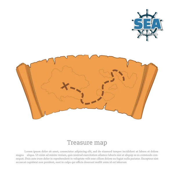 Mapa pirata sobre fundo branco. Caçadores de tesouros. Velho pergaminho em estilo cartoon — Vetor de Stock