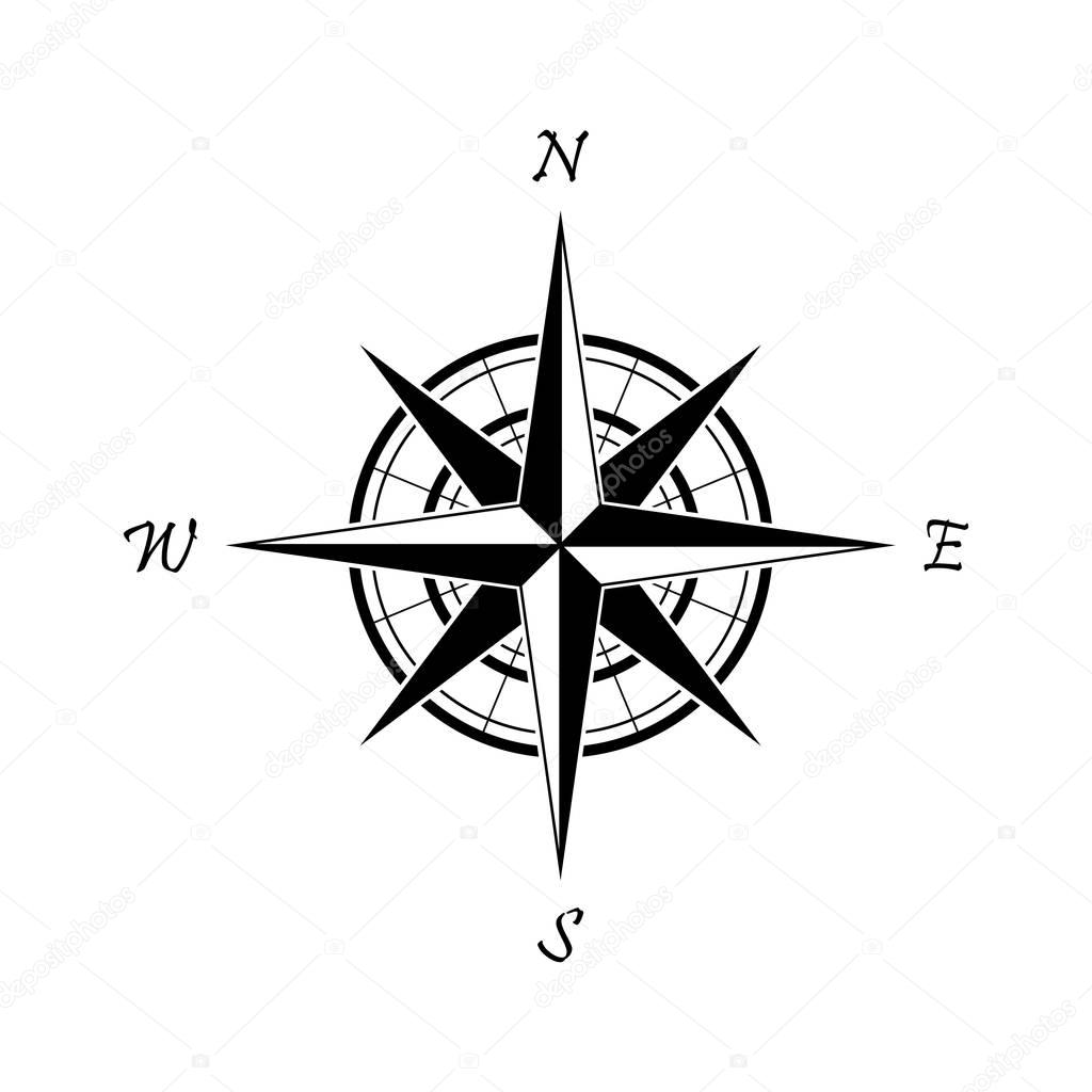 Black compass icon on a white background. Marine navigation. Sign for adventure map. Vector illustration