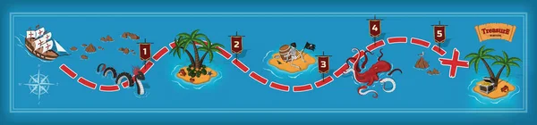 Jogo pirata em estilo cartoon. Seascape com uma imagem de caminho. Interface móvel com ilha e monstros: serpente do mar, kraken — Vetor de Stock