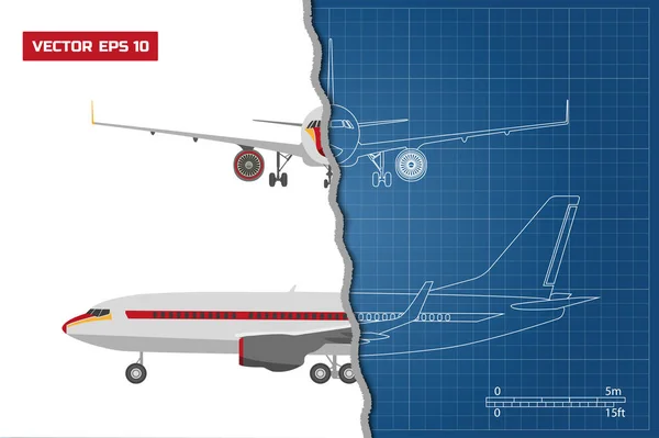 Overzicht tekening van vliegtuig op een blauwe achtergrond. Industriële blauwdruk van vliegtuig. Zij- en vooraanzicht — Stockvector