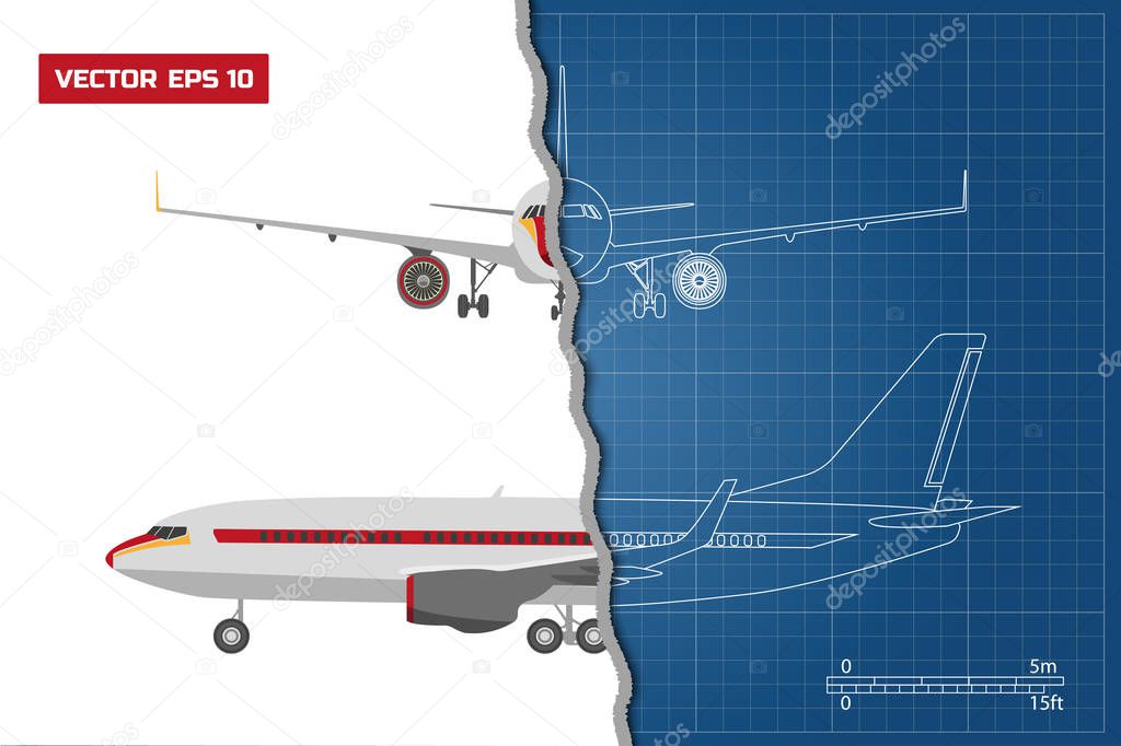 Outline drawing of plane on a blue background. Industrial blueprint of airplane. Side and front view