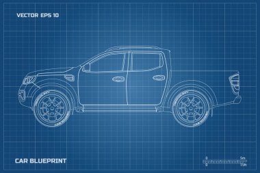 Mavi bir arka plan üzerinde çizim arabanın. Kamyonetin yan görünüm. SUV sanayi planı