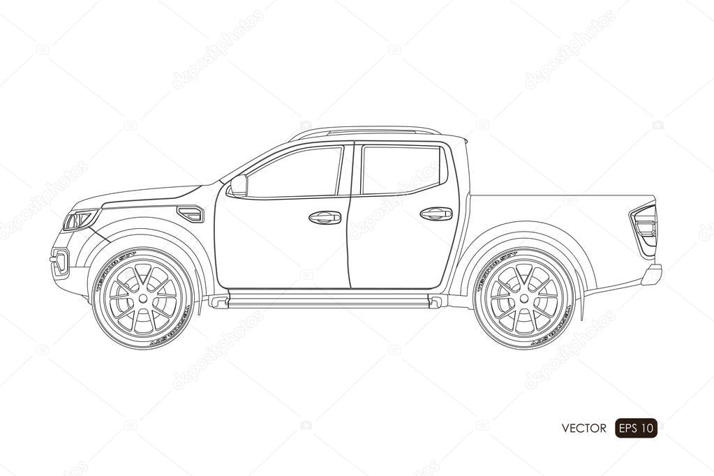 Blueprint of SUV. Contour drawing of car on a white background. Side view of pickup. The vehicle in outline style