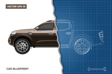 Mavi bir arka plan üzerinde çizim arabanın. Kamyonetin yan görünüm. SUV sanayi planı