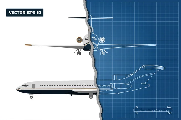 Umrisszeichnung eines Flugzeugs auf blauem Hintergrund. industrieller Bauplan eines Flugzeugs. Seiten- und Frontansicht — Stockvektor