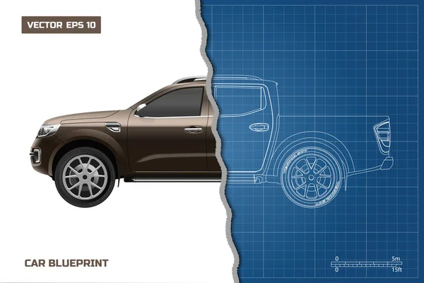 Teckning av bilen på en blå bakgrund. Sidovy av pickup. Industriella blåkopia av Suv — Stock vektor