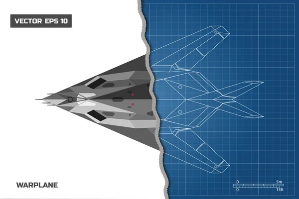 Outline drawing of plane on a blue background. Industrial blueprint of military airplane. Top view. Stealth warplane — Stock Vector