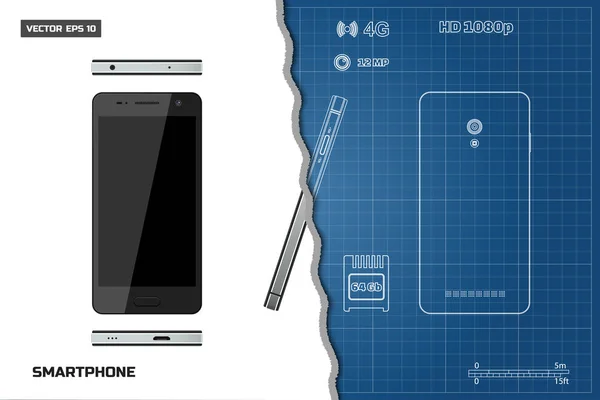 Tekening van overzicht smartphone. Industriële blauwdruk. Telefoon weergaven: kant, voorste terug. Touch telefoon met de camera — Stockvector