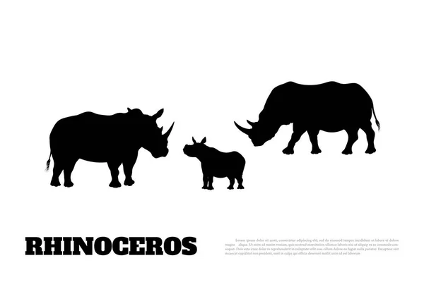 Silueta negra de una familia de rinocerontes sobre fondo blanco. Grandes rinocerontes. Animales africanos — Vector de stock