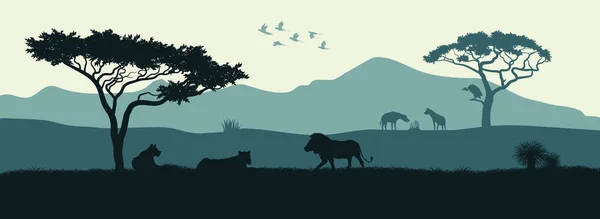 Silueta negra de animales de la sabana africana. Los leones reparten entre los árboles. Paisaje de naturaleza salvaje. África — Vector de stock