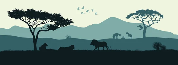 Silhouette noire d'animaux de la savane africaine. Les lions se jettent parmi les arbres. Paysage de nature sauvage. Afrique — Image vectorielle