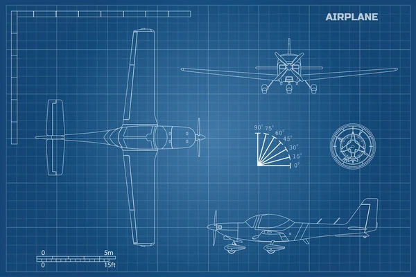 Proyecto de ingeniería del avión. Avión deportivo rápido vista superior, lateral y frontal. Dibujo industrial de aeronaves — Vector de stock