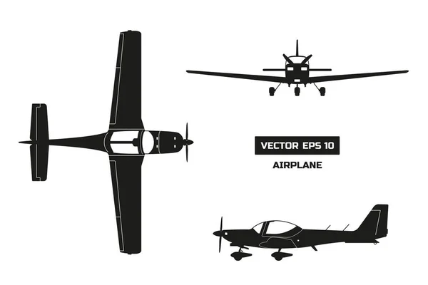 Siluet hitam pesawat dengan latar belakang putih. Pesawat olahraga cepat. Industri gambar pesawat. Tampilan atas, depan dan samping - Stok Vektor