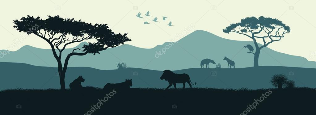 Black silhouette of animals of the African savannah. Lions give out among the trees. Landscape of wild nature. Africa