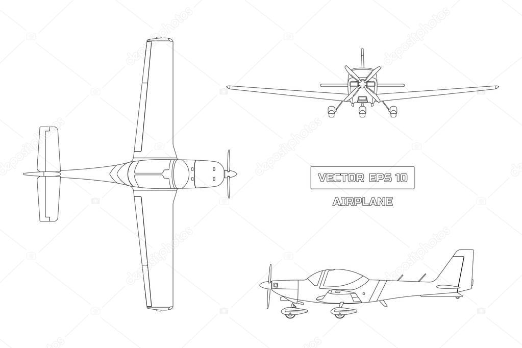 Outline drawing of airplane on white background. Fast sport aircraft. Industrial drawing of plane. Top, front and side view