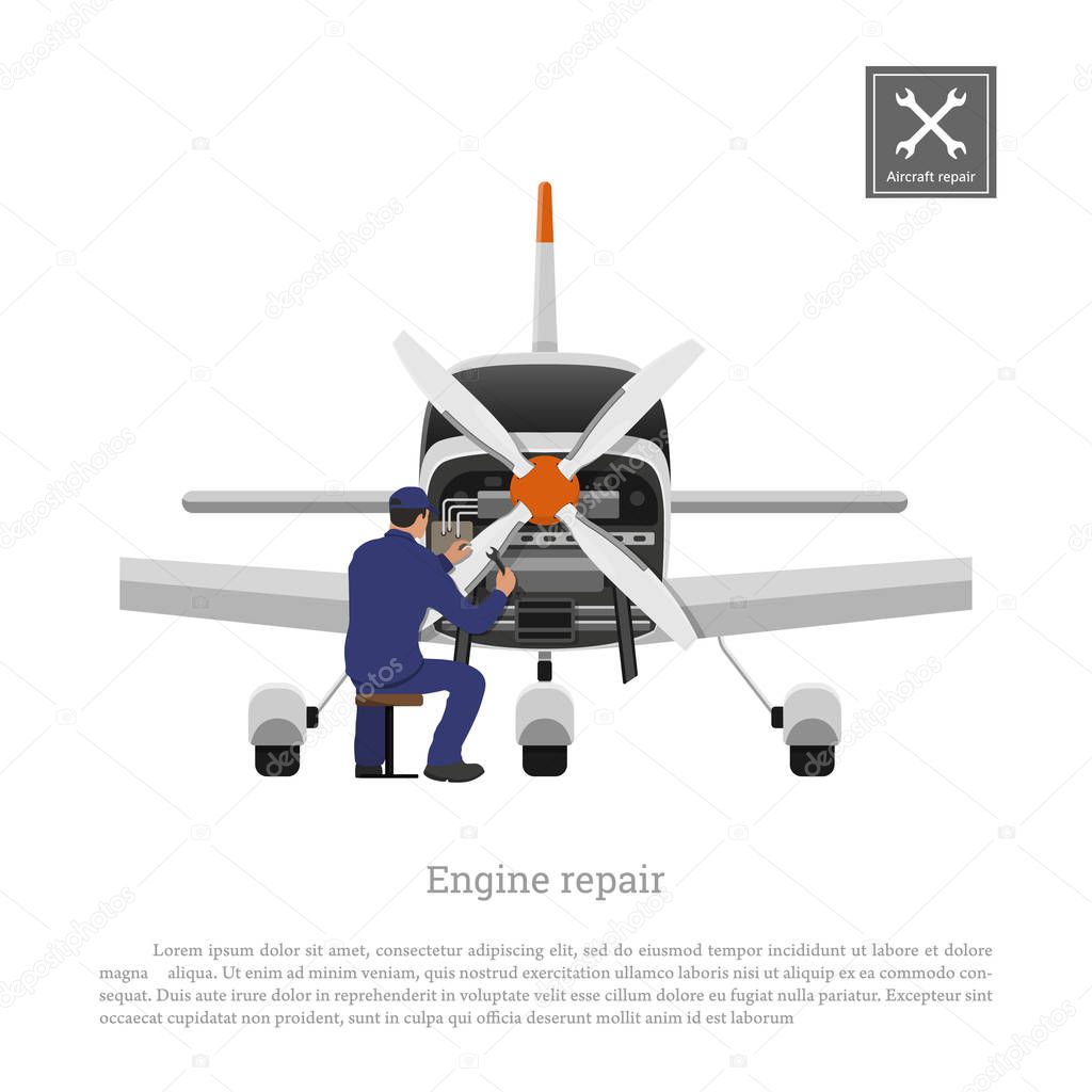Repair and maintenance of aircraft. Engineer inspects the engine of airplane. Industrial drawing of private plane in flat style