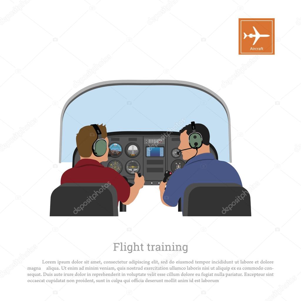Flight training. Cabin of the aircraft from the inside. Airplane piloting lessons