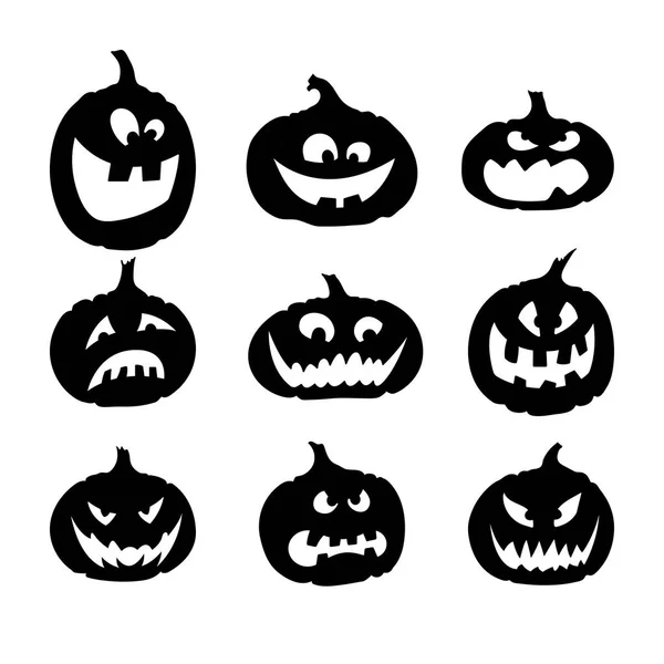 Schwarze Silhouetten von Kürbissen zu Halloween. Symbole der Emotionen auf weißem Hintergrund. Sammlung von Monster-Emoticons — Stockvektor
