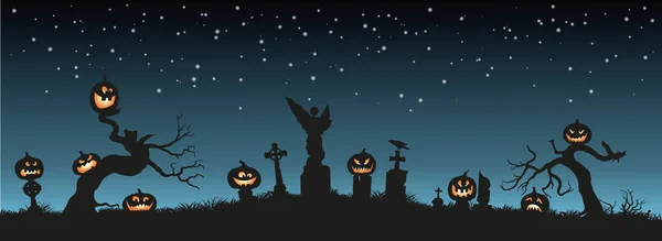 Dia das Bruxas. Silhuetas pretas de abóboras no cemitério no fundo de céu da noite. Cemitério e árvores quebradas — Vetor de Stock
