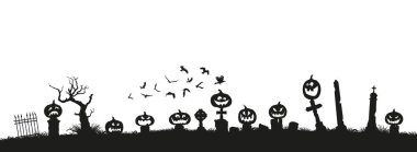 Tatil Cadılar Bayramı. Siyah siluetler balkabağı beyaz arka plan üzerinde mezarlığı üzerinde. Kırılmış ağaçlar ve mezarlığı