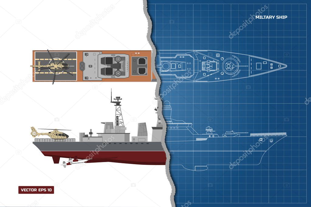 Blueprint of military ship. Top and side view. Container transport. Industrial drawing. Warship in outline style