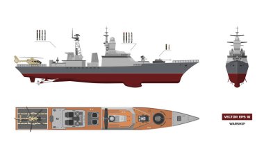 Detailed image of military ship. Top, front and side view. Battleship model. Industrial drawing. Warship in outline style clipart