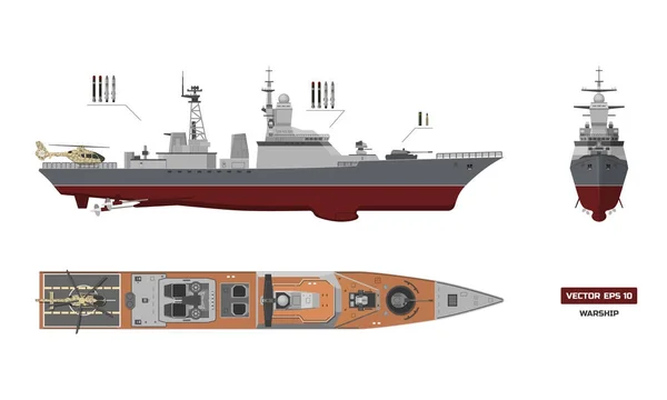 Detailliertes Bild des Militärschiffs. von oben, von vorne und von der Seite. Schlachtschiff-Modell. Industrielle Zeichnung. Kriegsschiff im Umrissstil — Stockvektor