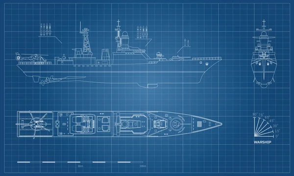 Cetak biru kapal militer. Atas, depan dan samping tampilan. Model kapal perang. Industri gambar. Kapal perang dalam gaya garis luar - Stok Vektor