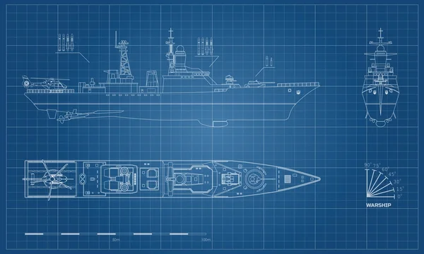 Sotilasaluksen piirustukset. Ylä-, etu- ja sivukuva. Taistelulaivan malli. Teollisuuspiirustus. Warship ääriviivat tyyli — vektorikuva