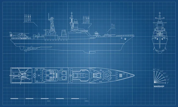 Cetak biru kapal militer. Atas, depan dan samping tampilan. Model kapal perang. Industri gambar. Kapal perang dalam gaya garis luar Stok Ilustrasi 
