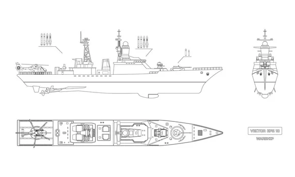 Cetak biru kapal militer. Atas, depan dan samping tampilan. Model kapal perang. Industri gambar. Kapal perang dalam gaya garis luar - Stok Vektor