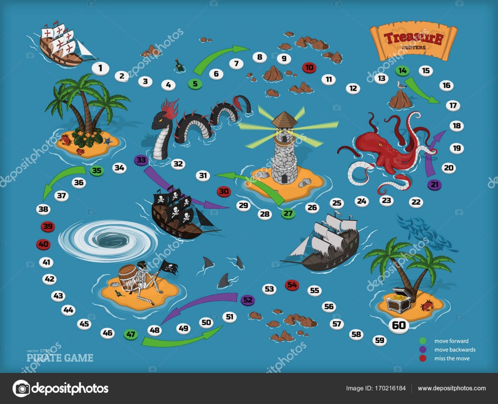 Pirate board game for children. Map of the treasure hunter. Corsair ...
