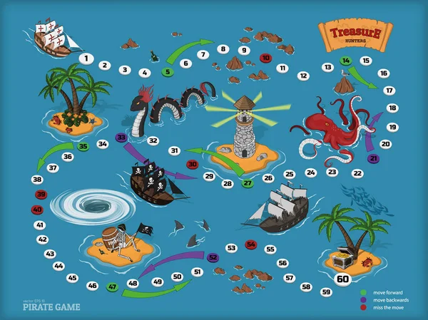 子供たちのための海賊のボードゲーム。トレジャー ハンターの地図。アイソメ図スタイルで海賊船と海モンスター。熱帯の島で金の胸 — ストックベクタ