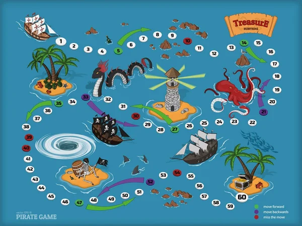 Piracka gra planszowa dla dzieci. Mapa skarbów. Corsair statek i morze potworów w izometryczny styl. Skrzynia ze złotem na tropikalnej wyspie — Wektor stockowy
