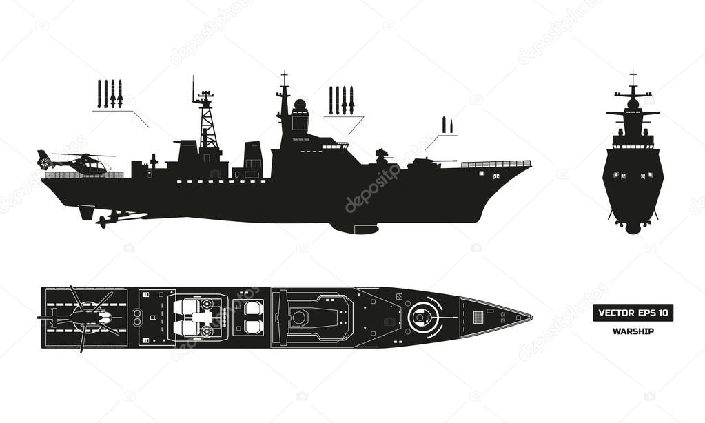 Detailed silhouette of military ship. Top, front and side view. Battleship model. Industrial drawing. Warship in flat style