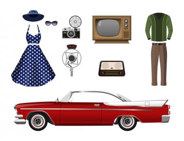 Retro şeyler. Beyaz arka plan üzerinde vintage nesneleri kümesi. Eski moda 60 's. Arabalar, kıyafetler ve elektronik simgeleri