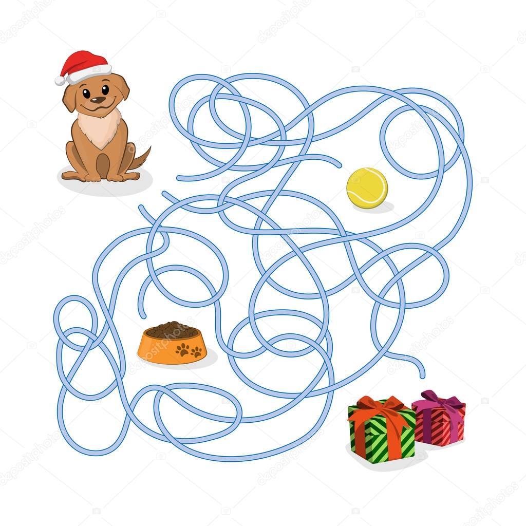 Christmas way game. Help the puppy pass the maze. Dog in Santa hat in labyrinth. Symbol of the 2018 New Year
