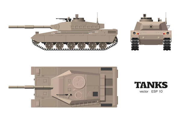 Plan réaliste du char. Voiture blindée sur fond blanc. Haut, côté, vue de face. Arme militaire. Camouflage de guerre transport — Image vectorielle