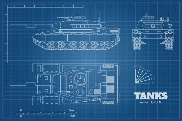 Cetak biru tangki realistik. Atas, depan dan samping tampilan. Rincian mobil lapis baja. Industri gambar. Kendaraan perang dalam gaya garis luar - Stok Vektor