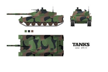 Gerçekçi tank blueprint. Zırhlı araç kamuflaj beyaz arka plan ile. Üst, yan, ön gösterim. Ordu silah. Savaş kamuflaj taşıma