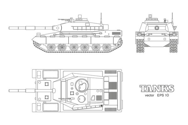 Реалистичный план резервуара. Контур бронеавтомобиля на белом фоне. Сверху, сбоку, вид спереди. Армейское оружие. Военный камуфляж
