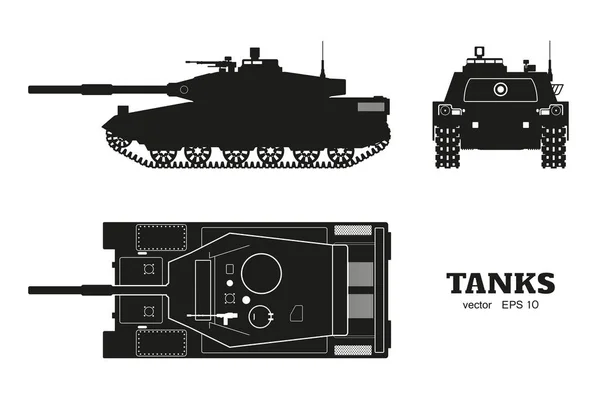 Silhouette eines realistischen Panzerbauplatzes. Panzerwagen auf weißem Hintergrund. von oben, von der Seite, von vorne. Armeewaffe. Tarntransporte im Krieg — Stockvektor