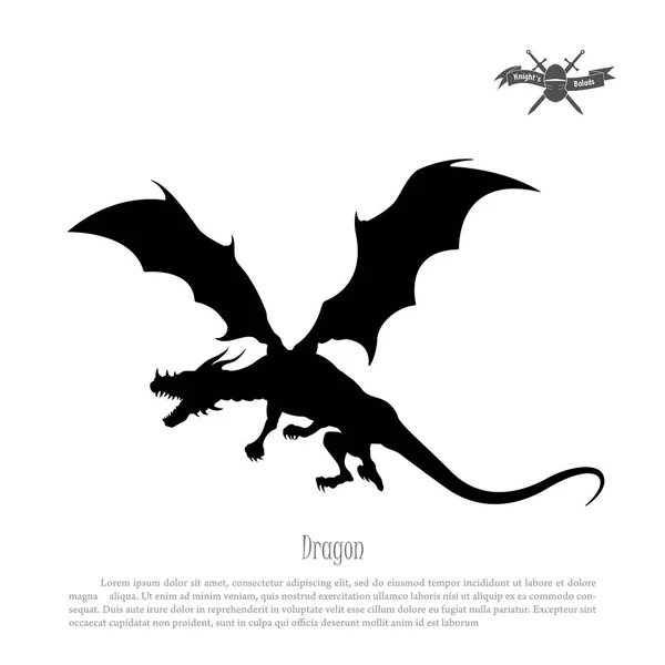 Silueta negra de dragón sobre fondo blanco. Monstruo fantasía — Vector de stock