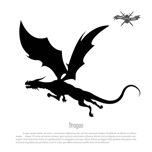 Silueta negra de dragón sobre fondo blanco. Monstruo fantasía — Vector de stock