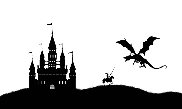 Černá silueta draka a rytíř na bílém pozadí. Krajina s hradem. Fantasy bitva — Stockový vektor