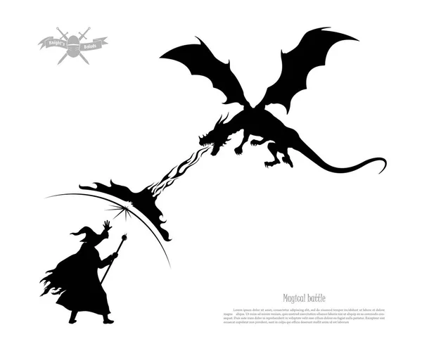 Silueta negra de batalla de mago con dragón sobre fondo blanco. El monstruo respira fuego sobre el mago. Imagen aislada de la lucha mágica de fantasía — Vector de stock