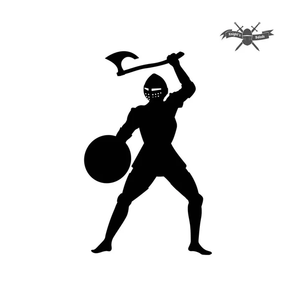 Silueta negra de caballero con hacha sobre fondo blanco. Icono del soldado medieval — Vector de stock